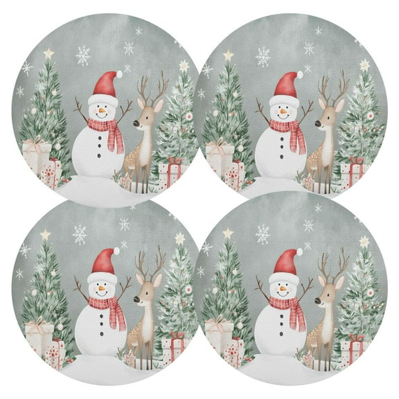 Ryvnso Snowman Deer in Christmas Round Plate Mats Dining Table Placemat Set of 4 for Holiday Decoration