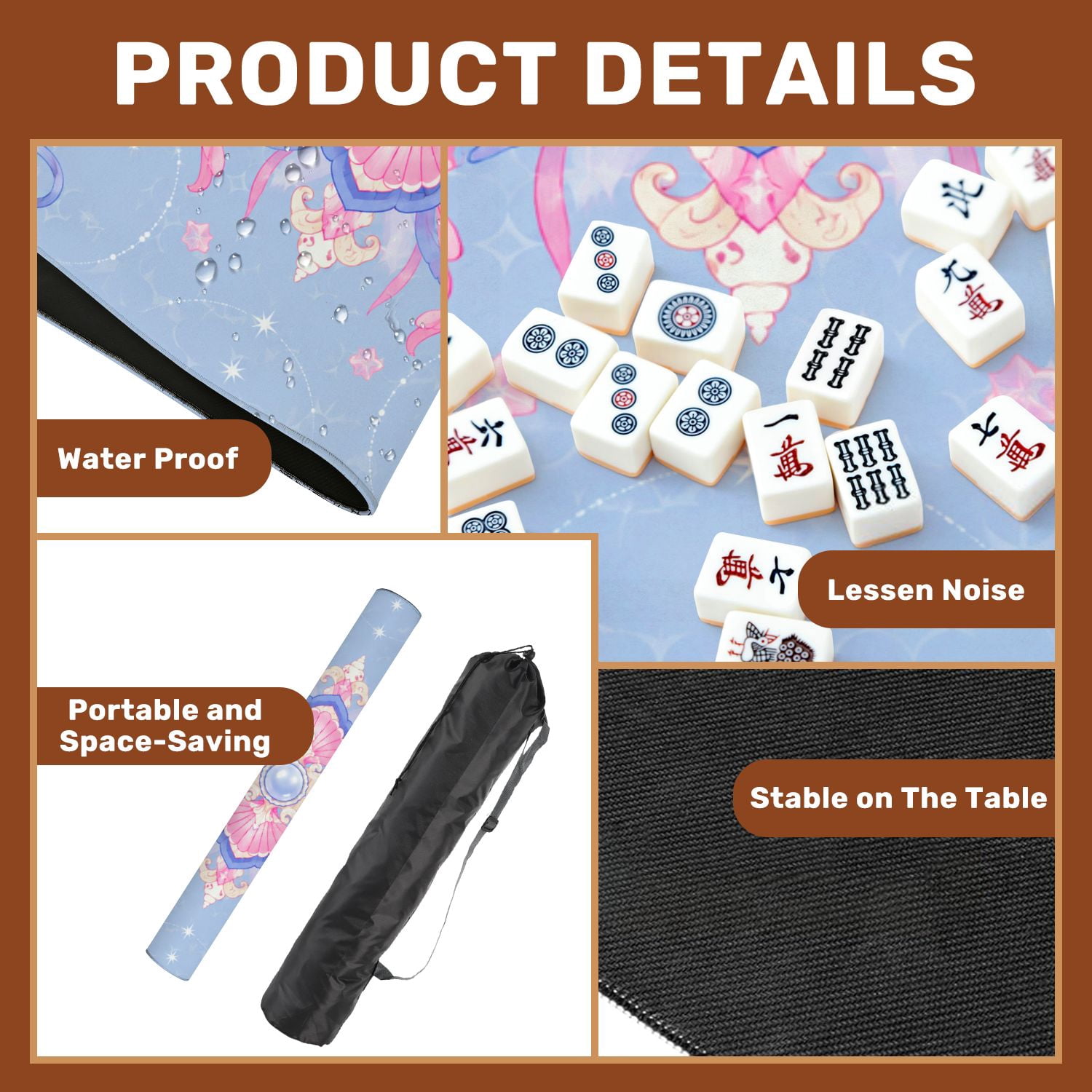 Mahjong Mat 31.5" x 31.5" Pink Ribbon Floral Blue Geometric Non-Slip Noise Reduction American Mahjong Tiles Table Cover for Dominoes Poker Card Board Games Gift