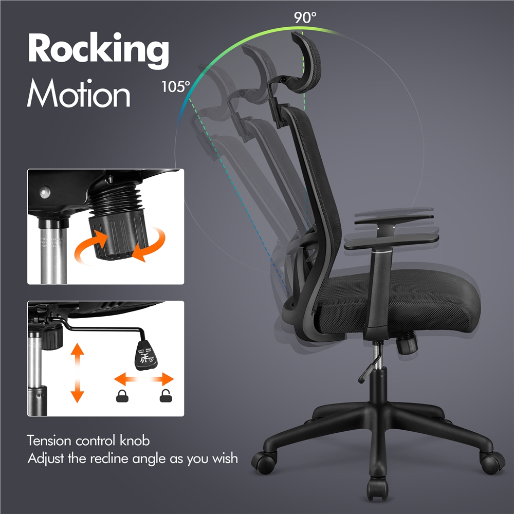 SMILE MART Ergonomic Mesh Swivel Rolling Executive Office Chair with High Headrest, Black - image 5 of 14