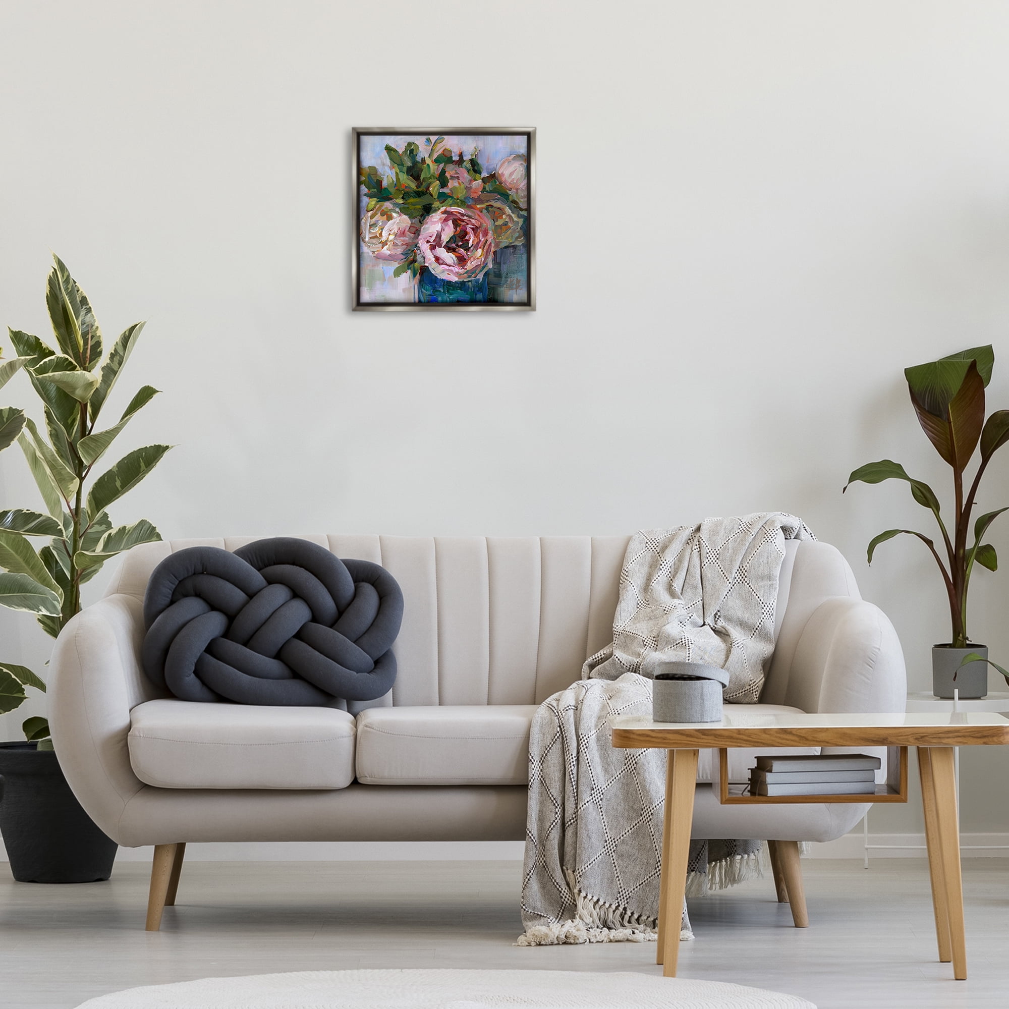 Stupell Industries Full Ranunculus Bouquet Botanical & Floral Painting Gray Floater Framed Art Print Wall Art, 18 x 18