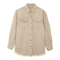 thumbnail image 4 of adviicd Women's Oversized Button Up Frayed Hem Shacket Long Sleeve Pockets Denim Jean Jacket Khaki, L, 4 of 5