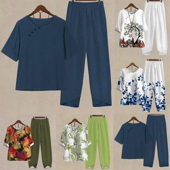 Jacenvly Summer Savings Loose Women's Printed Half Sleeve Round Neck Cropped Top Casual Pants Suit Set Two Piece Lounge Set Floral Skin-Friendly Plus Size Womens Clothes Army Green