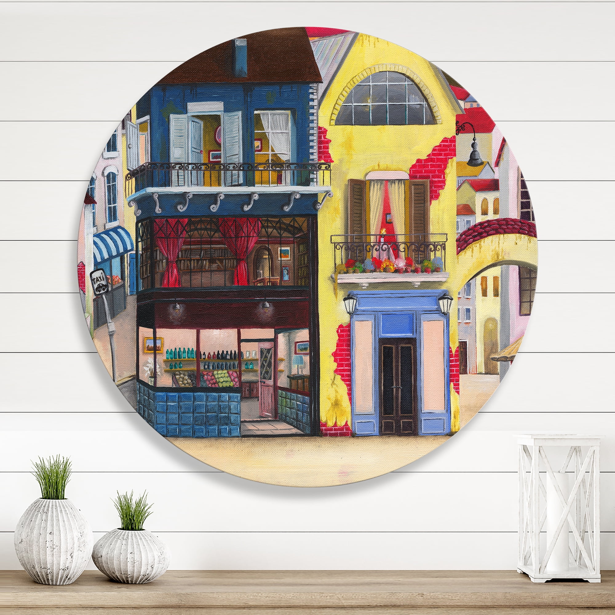 Designart 'The Colorful Facade of The Buildings In A Cozy Streets' French Country Circle Metal Wall Art 23x23 - Disc of 23