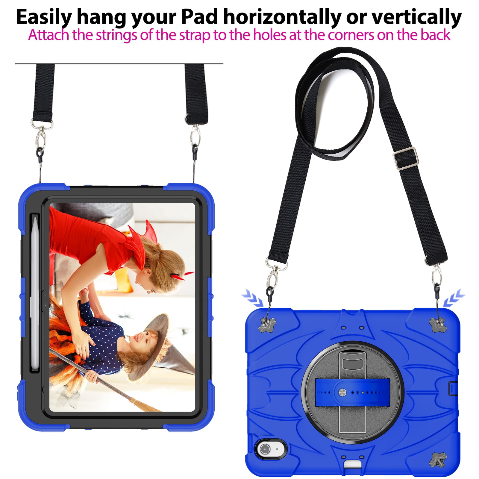ELEHOLD Case for Apple iPad 10th Gen, Heavy Duty Shockproof Case with Pencil Holder/Stand/Hand Strap/Shoulder Belt, Rugged Protective Cover for Boys Girls,Blue
