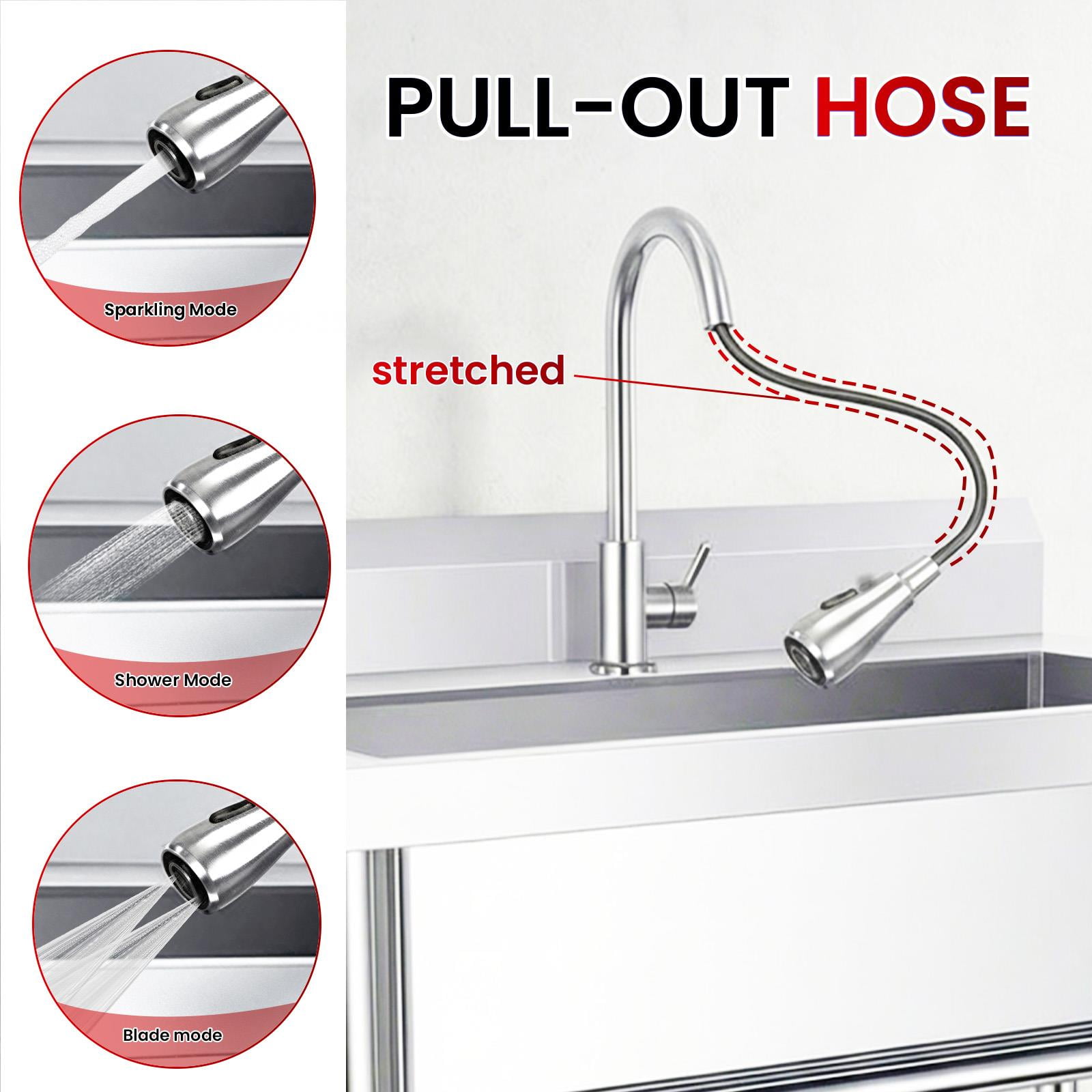 Stainless Steel Utility Large Single Sink, Freestanding Commercial Kitchen Sink with Pull Out Faucet, Laundry Sink, Expandable Hose for Basement Outdoor Indoor Use (Silver)
