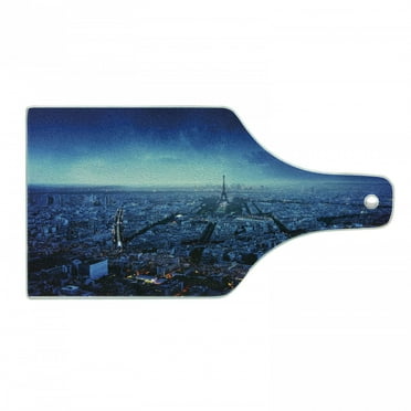 Cityscape Cutting Board, Skyline at Sunset France European Parisian Landmark Travel Destination Monochrome, Tempered Glass Cutting and Serving Board, Wine Bottle Shape, Navy Blue, by Ambesonne