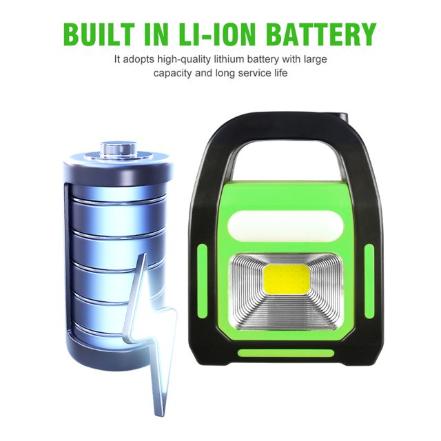 lámpara linterna de mano solar led cob de 1 piezas con mango, vista frontal centrada de la linterna portátil en azul y verde con mango superior, foco COB rectangular con reflector y franja LED superior, carcasa ABS+PS con detalles negros, puerto micro USB visible, batería interna 1200 mA que permite función de banco de energía y carga por solar o USB.