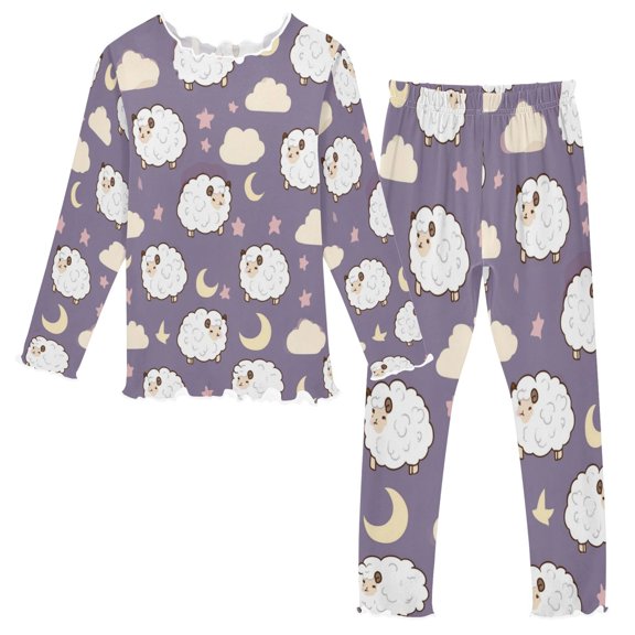 Girls Pajama Set with Long Sleeve Shirt and Pants Soft Thermal Sleepwear Sheep and Clouds 2T