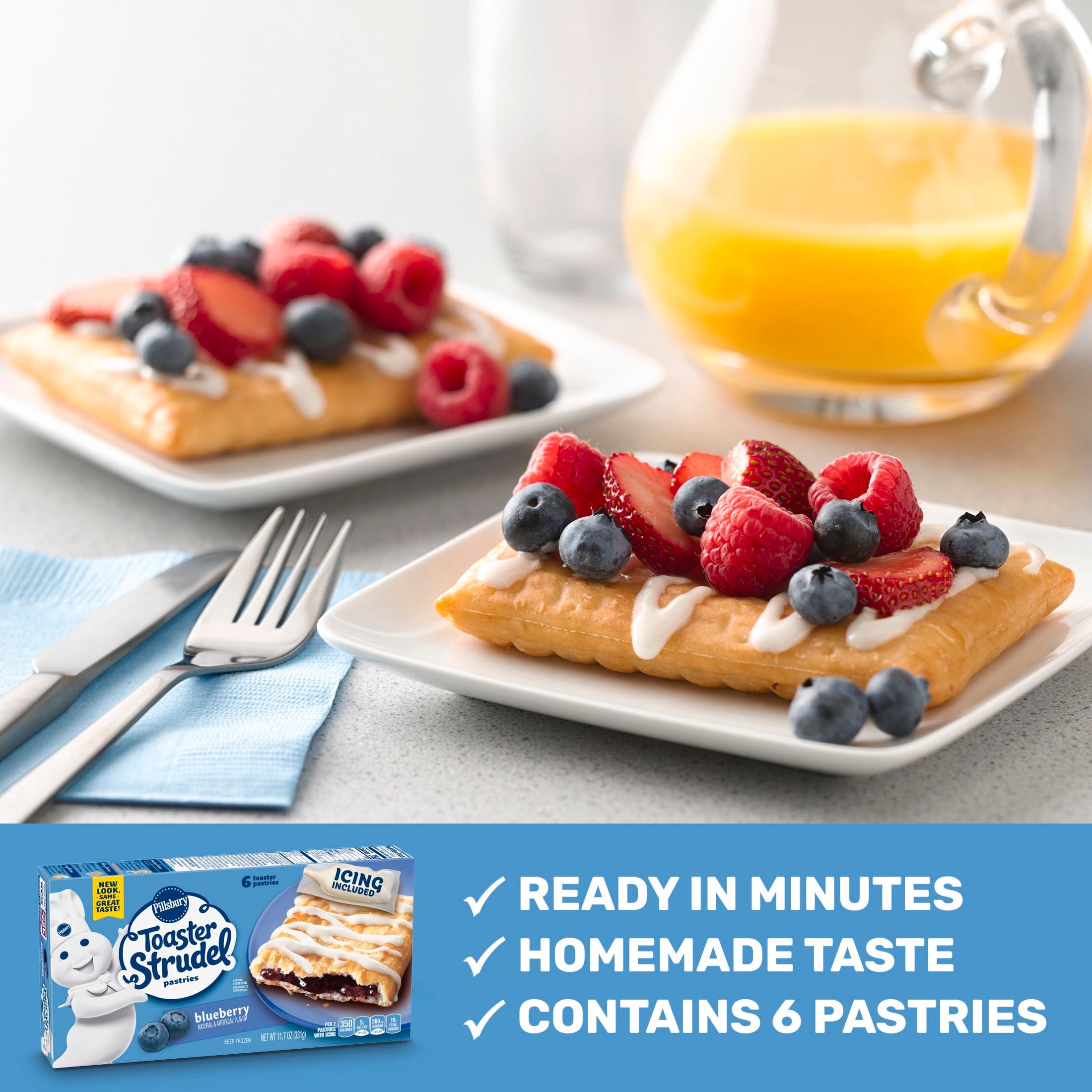 Pillsbury Frozen Toaster Strudel Pastries, Blueberry, 6 Ct, 11.7 oz