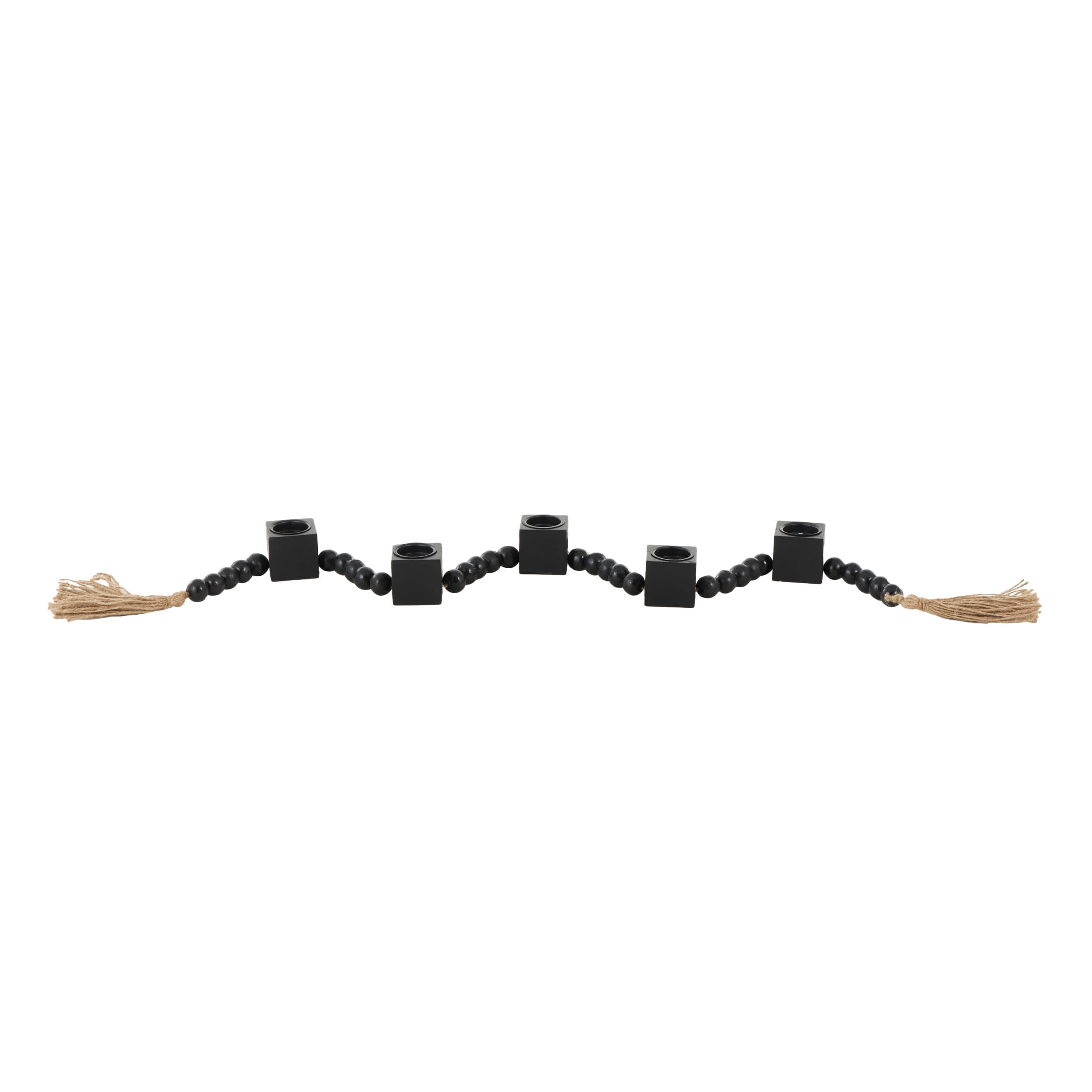 DecMode 5 Candle Black Wood Square Garland Candle Holder with Brown Tassel