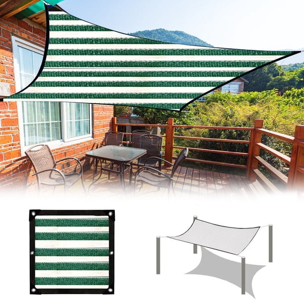 Red de protección solar Verde oscuro Rayas blancas 200x200cm Patio exterior Aparcamiento Malla de aislamiento térmico 90% Bloque UV Duradero HDPE Ojales reforzados tejidos de 6 hilos Multiusos