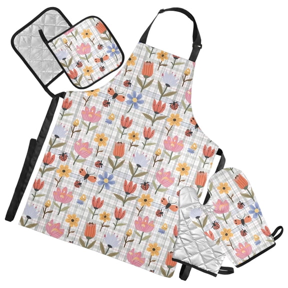 Flowers and Ladybirds 5 Pcs Kitchen Set Heat Resistant Oven Mitts and Non-Slip Pot Holders with Adjustable Cooking Apron