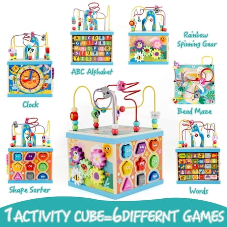 PETYOUNG WOODEN ACTIVITY CUBE, 5-IN-1 MONTESSORI TOY FOR 3+ YEARS, WITH BEAD MAZE & 5 MULTICOLOR SIDES, IDEAL GIFT FOR BOYS & GIRLS