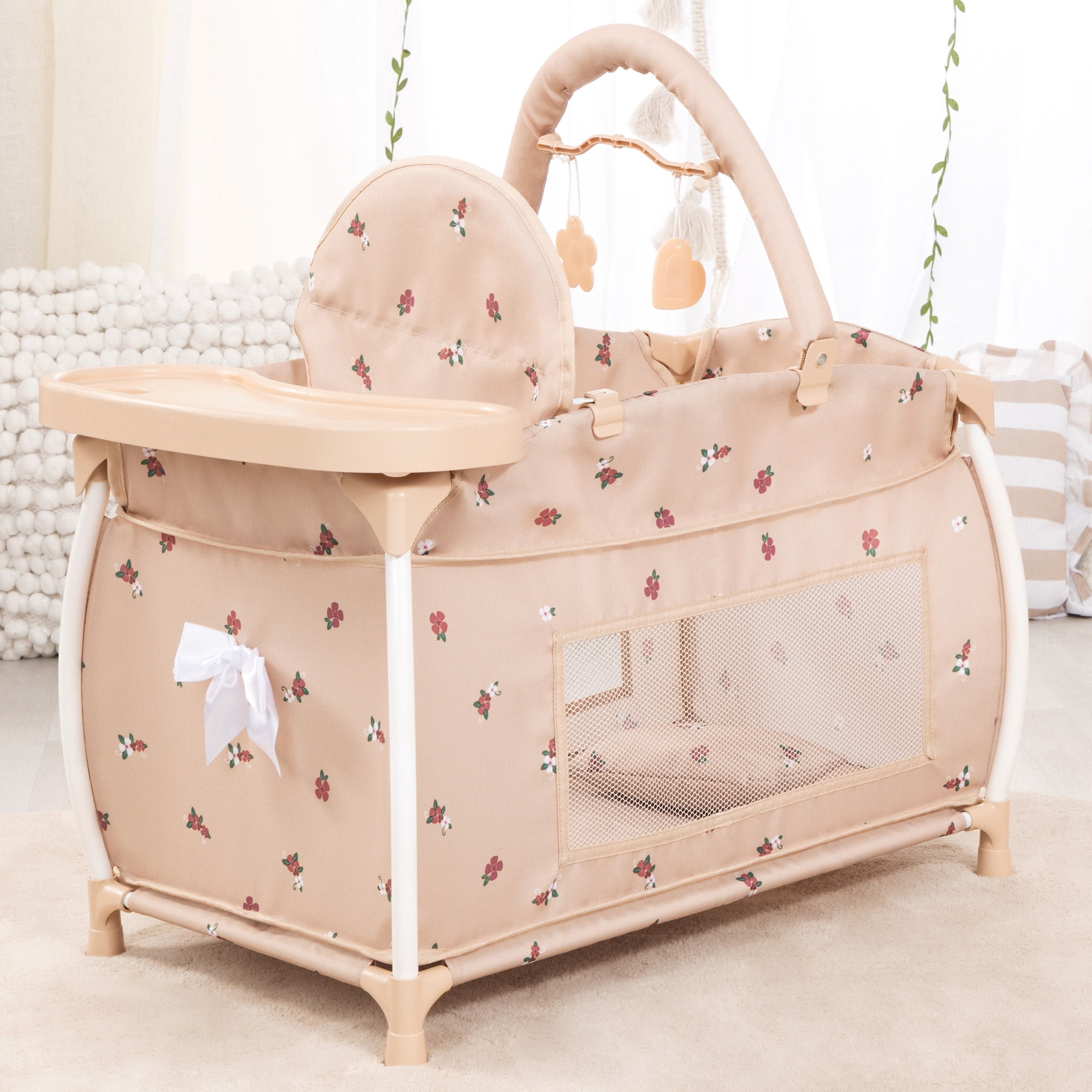 Bayer Design: Doll Multi-Bed - Beige & Flowers - Sleep Playpen, Built-In Feeding Highchair, Pillow-Blanket-Mobile, Care Center Fits 18" Dolls, Kids 3+