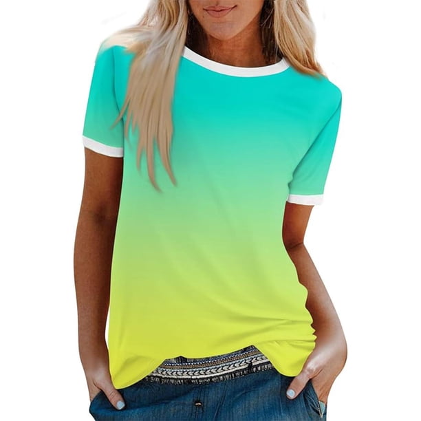 Blusas para las Mujeres Casual, Rayas Impresas Patchwork Manga Corta Cuello Redondo Top Hecho de 95% Poliéster 5% Spandex para el Verano, Tops Cortos para las Mujeres