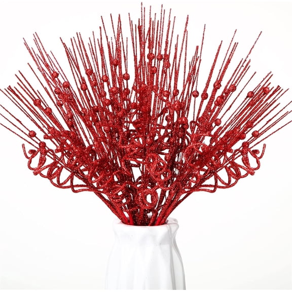 Duslogis 16Pcs Christmas Tree Picks and Sprays Sparkle Glitter Curly Ting Ting Branches 14 Inch Artificial Berry Picks Decorative Sticks for Wedding Vase Fillers Xmas Tree Wreath DIY Decor(Red)