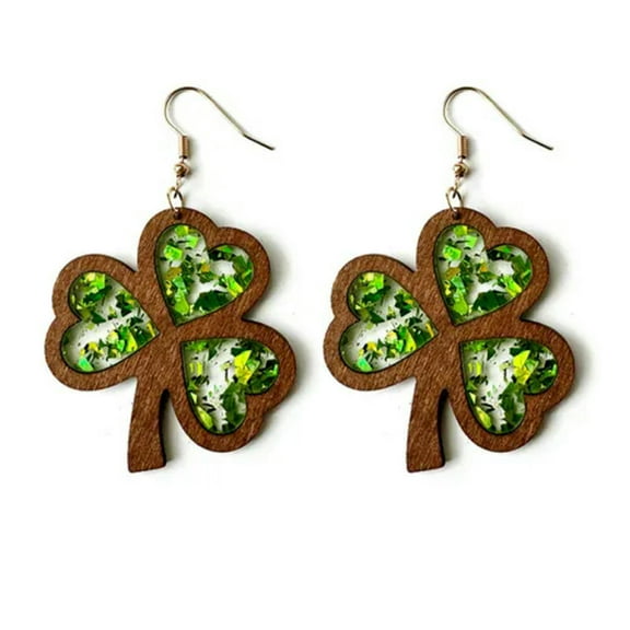 St. Patrick's Day Gift Wood and Green Acrylic Leaf Clover Floral Dangle Earrings