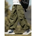 thumbnail image 3 of ZAFUL Flat Pocket Parachute Pants for Men Causal Baggy Cargo Pants Unisex Street Y2K Pants Drawstring Trousers Corduroy Amy Green S, 3 of 5