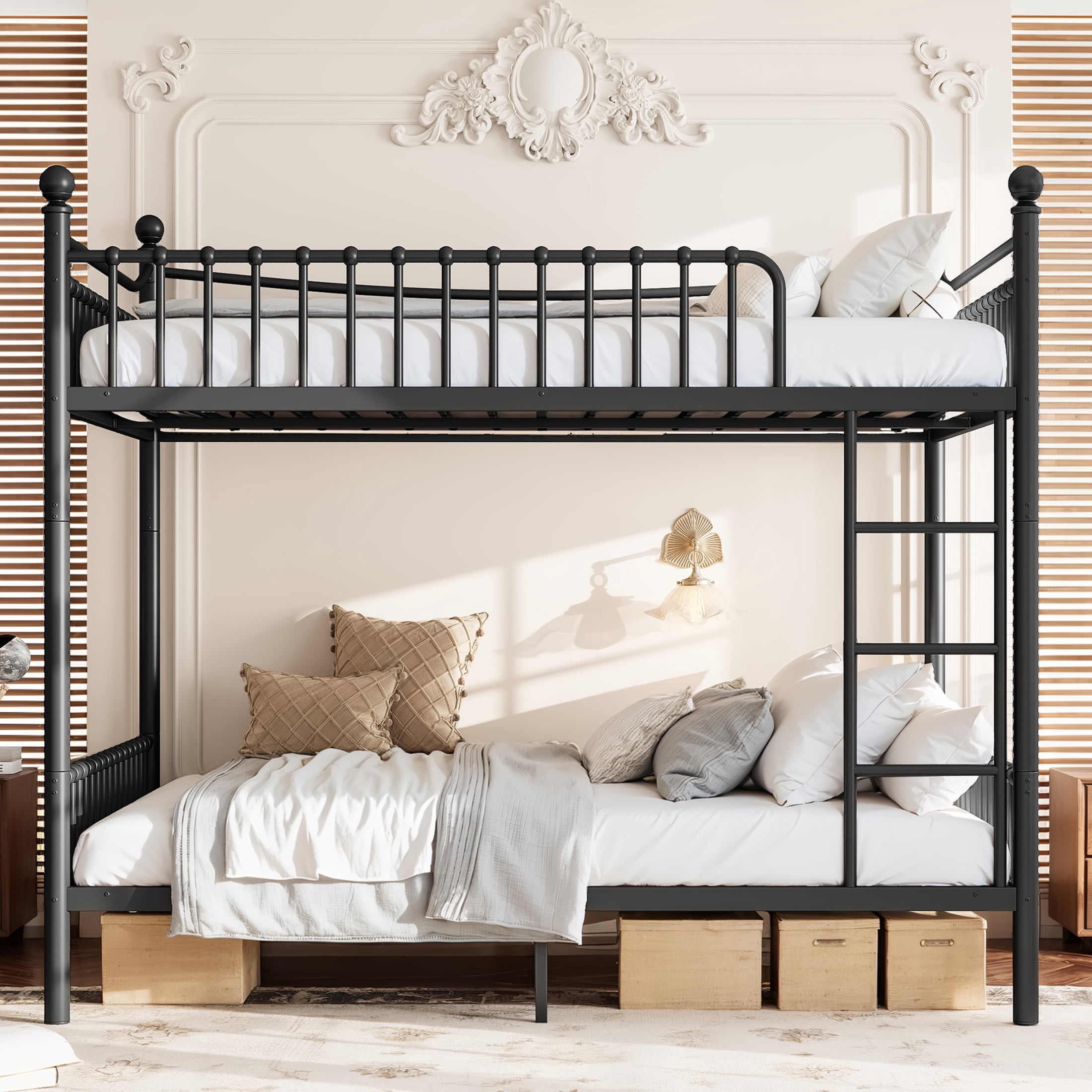 GDF Studio Queen over Queen Metal Bunk Bed with Curved Guardrails, Round Tube Frame, Black