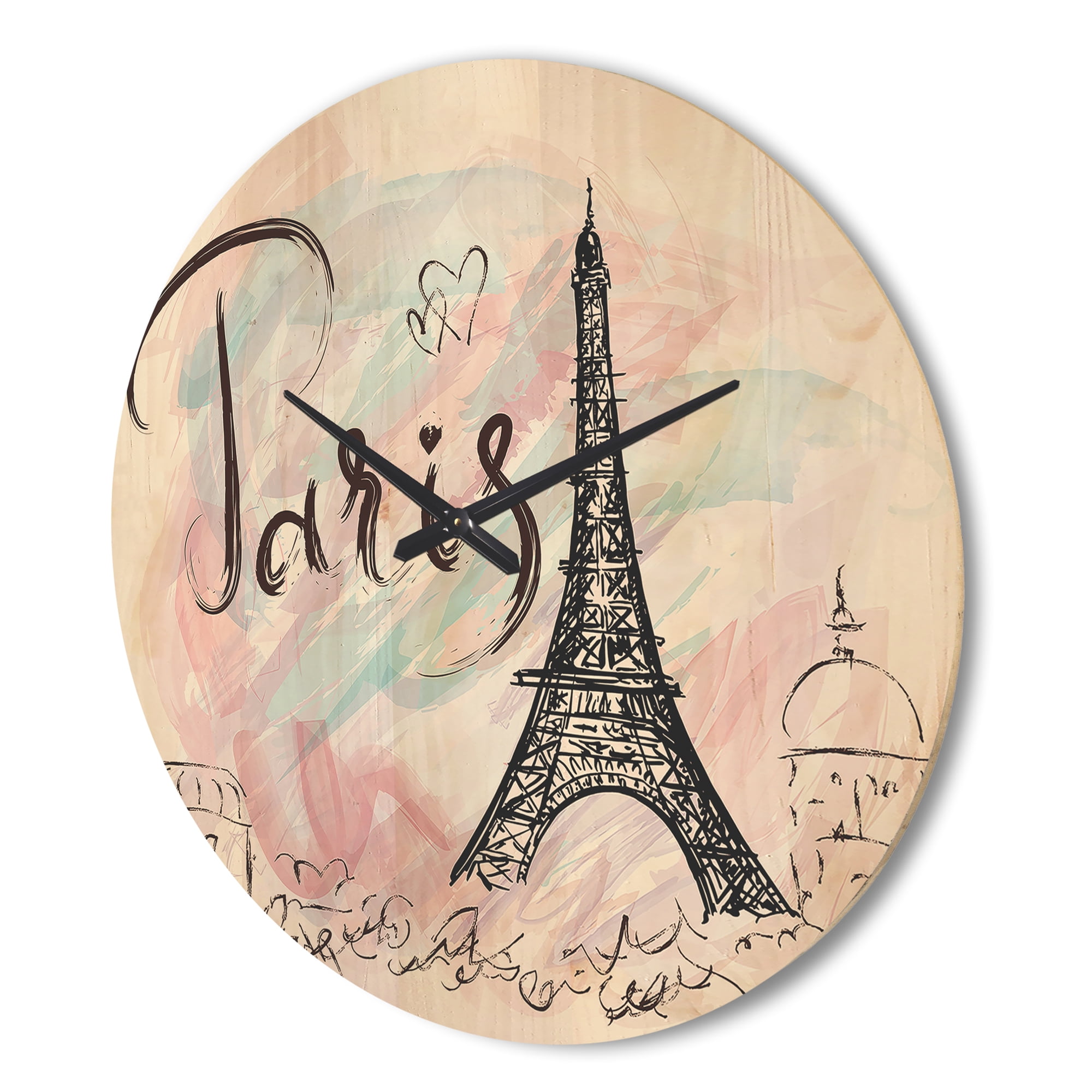 Designart 'Paris Eiffel Tower With Illustration II' Modern Wood Wall Clock