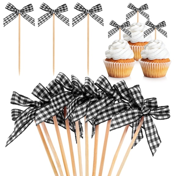 Uxcell 60-Pack Bow Cupcake Toppers, Ribbon Bow Cake Toppers Plaid Bowknot Cupcake Picks Birthday Cake Decor for Bridal Shower [Black]