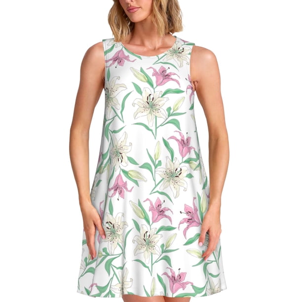 Balery Lilies Flowers Vestidos de verano para mujer con estampado: vestido holgado sin mangas, vestido playero informal y cómodo para días calurosos.