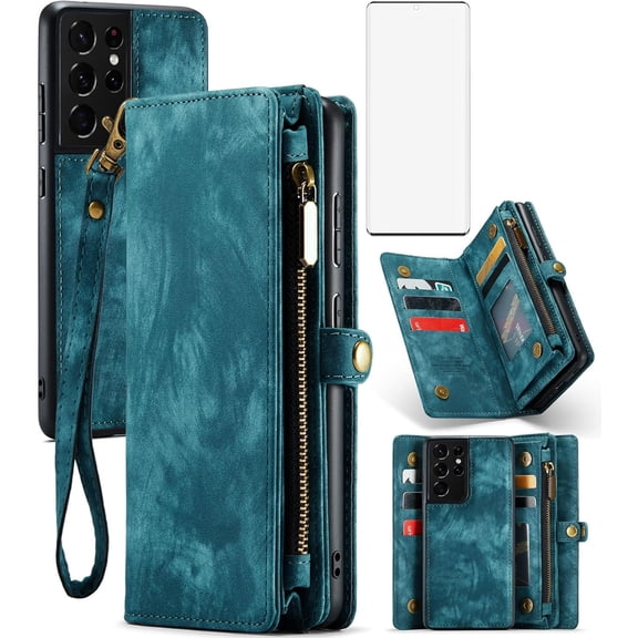 Phone Case for Samsung Galaxy S21 Ultra Glaxay S21ultra 5G Zipper Wallet Cover with Tempered Glass Screen Protector and Flip Card Holder Cell Accessories Gaxaly 21S S 21 21ultra G5 Women Blue