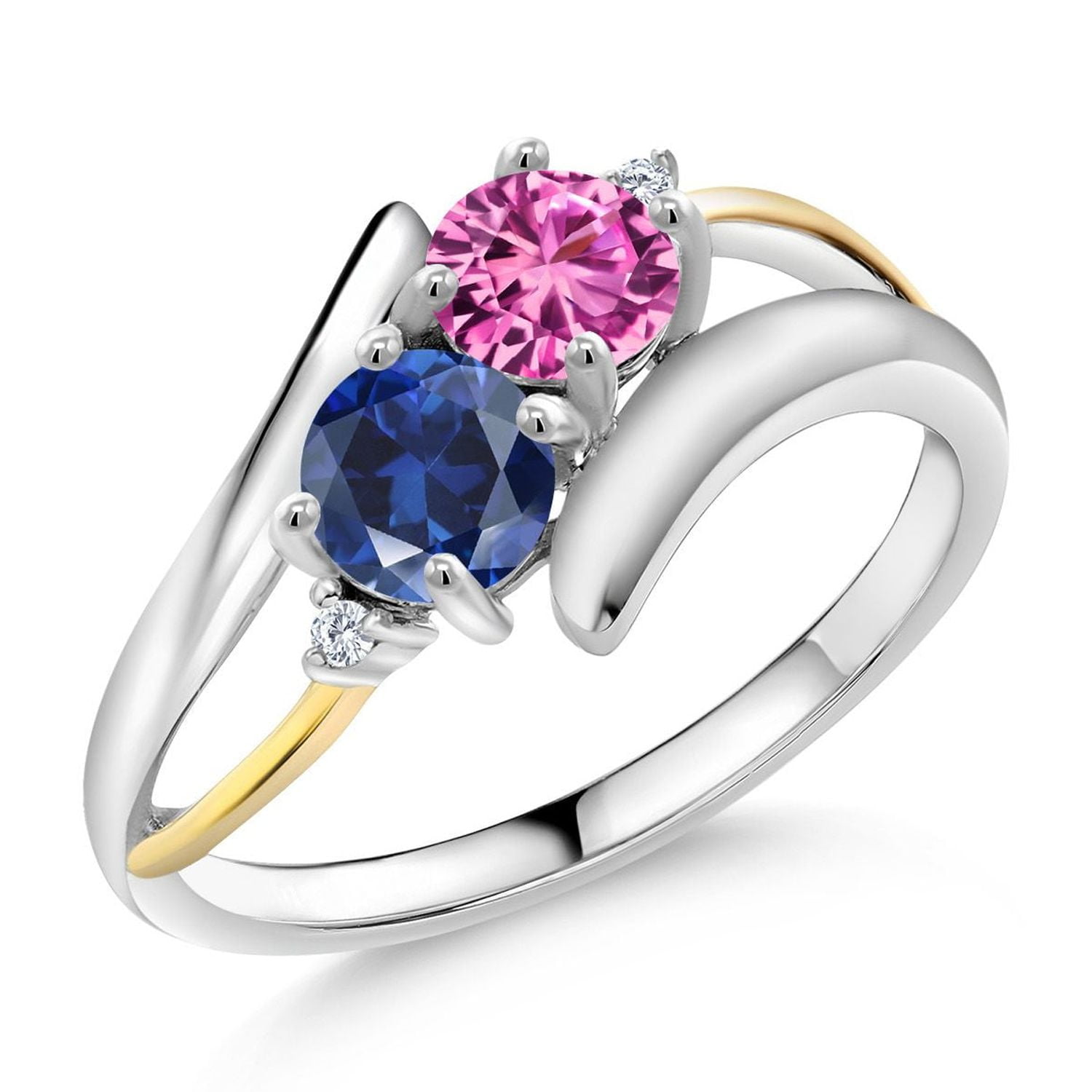 Gem Stone King 1.17 Ct Pink Created Sapphire Blue Created Sapphire 925 Silver and 10K Yellow Gold Lab Grown Diamond Two Stone Crossover Ring (Size 6)
