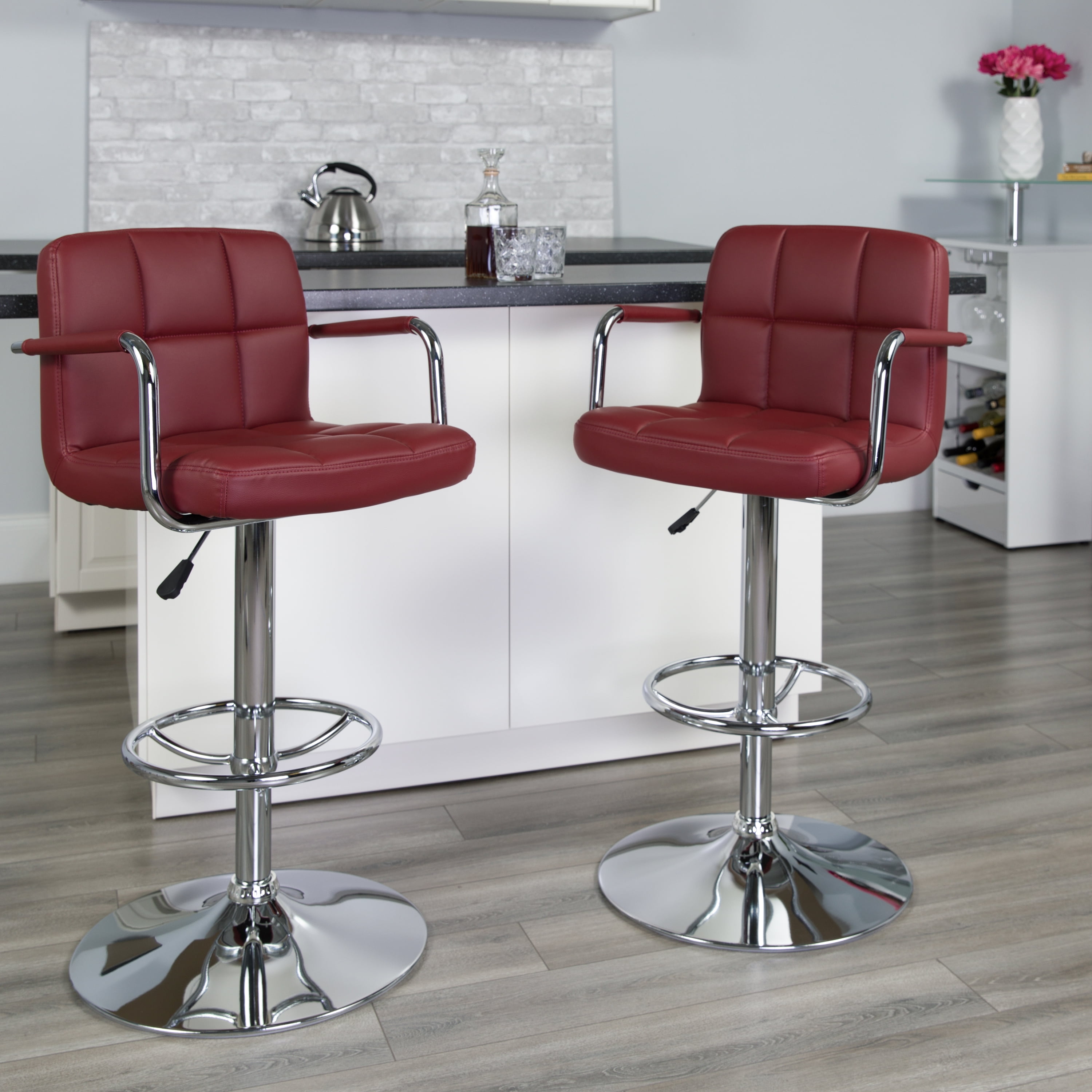 Contemporary Quilted Vinyl Adjustable Height Barstool with Arms and