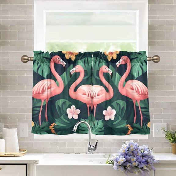 Yayeee Kitchen Curtains Tier Pair Light Filtering 27"x36" Rod Pocket Short Cafe Window Panel, Flamingo Leaves Pattern