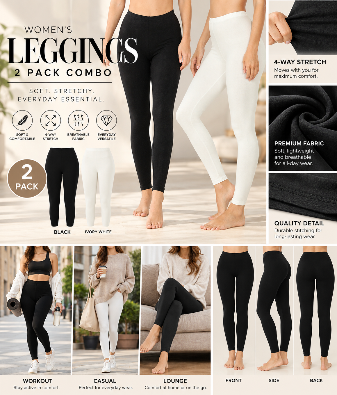Zenana Women's Premium Cotton Full Length Leggings, 2-Pack photo 2