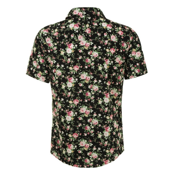Men Slim Fit Floral Print Short Sleeve Button Down Hawaiian Shirt Navy Pink  S 