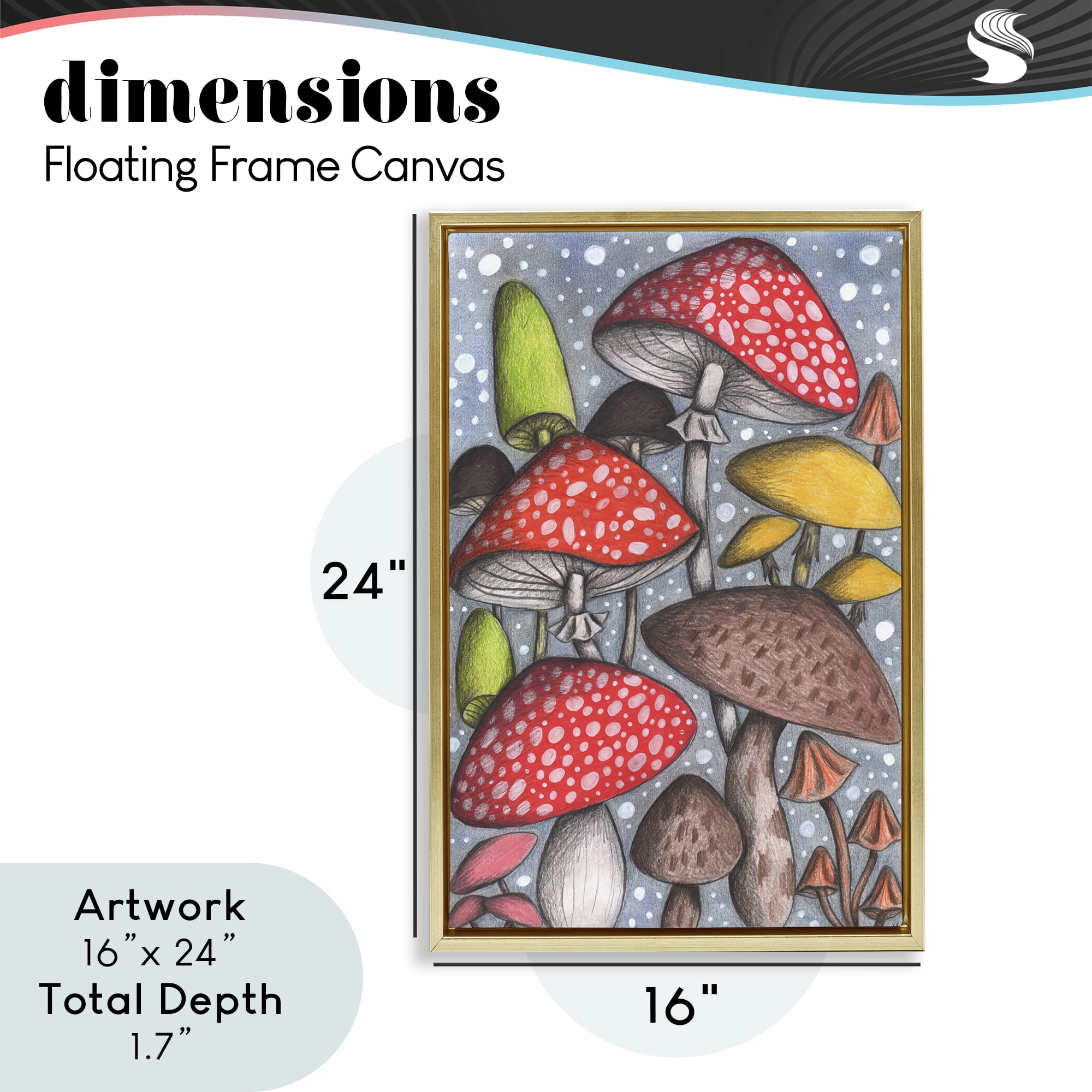 Sketched Magical Mushrooms Gold Framed Floater Canvas Wall Art, design by Cecilia Battaini