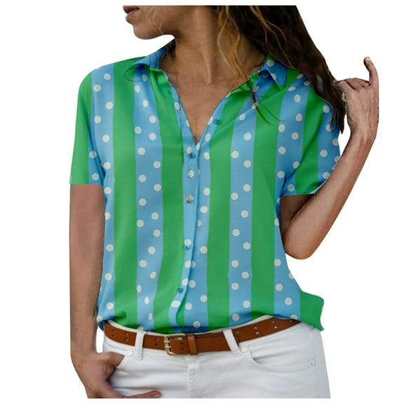 Elainilye Fashion Womens Tshirts Casual Stripe Polka Dots Printing Short Sleeve Shirt Blouse,Green