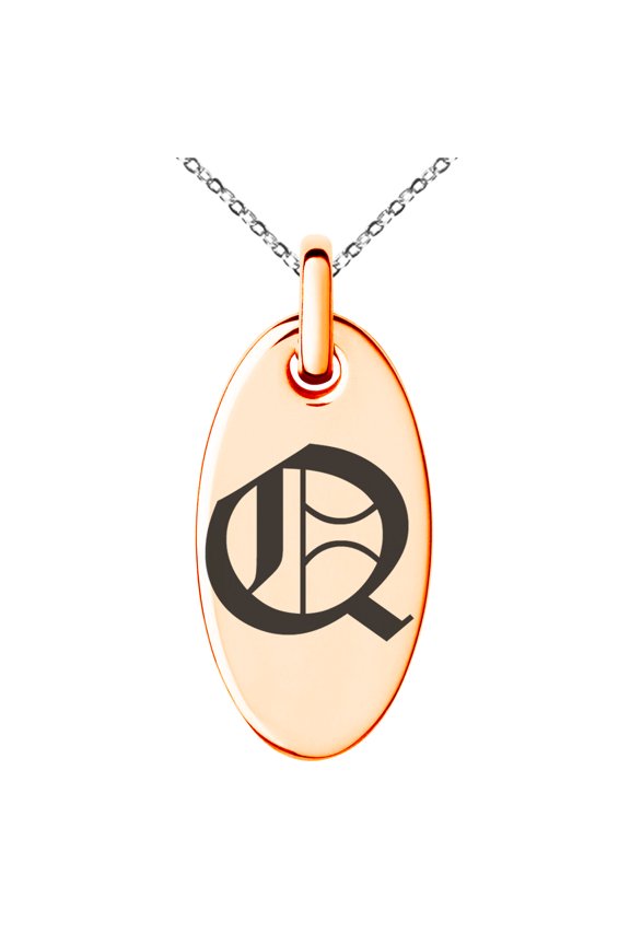 Stainless Steel Letter Q Initial Old English Monogram Engraved Small Oval Charm Pendant Necklace