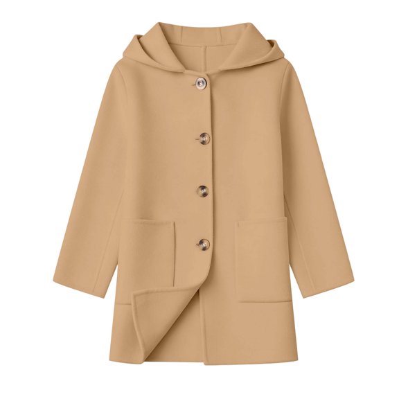 lcziwo Girls Trench Coat Kids Cute Button Down Mid Length Hooded Overcoat with Pockets Casual Long Sleeve Warm Outerwear Khaki,4-5 Years