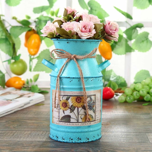 European Rustic Iron Bucket Vase 7.48In Idyllic Style Multi Functional Portable Decor Party Favors For Home Living Room Desktop Gardening Flower Arrangement Outdoor Patio Decoration