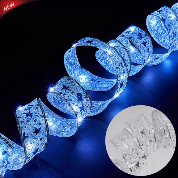 3.28 Yards Blue Silver Star Print Christmas Ribbon Lights, Double Layer Hollow Holiday Ribbon String Lights for Christmas Tree, Wreaths, Gift Wrapping,Indoor Christmas Decor and Holiday Decorations