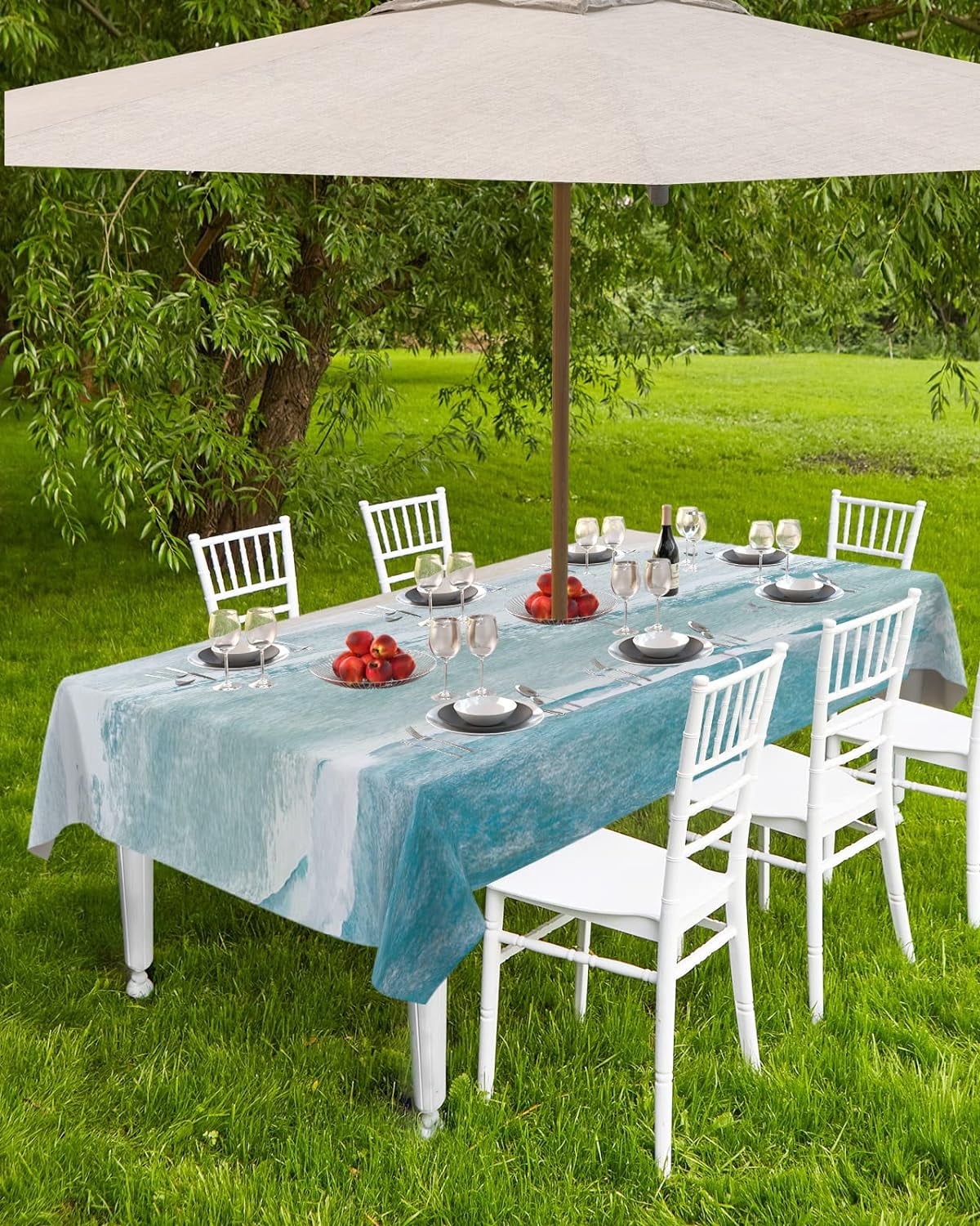Summer Beach Outdoor Tablecloth - 60x102 Inch Rectangle Dining Table Cover, Coastal Ocean Nautical Seaside Aqua Beige Waterproof Outdoor Table Cloth with Umbrella Hole & Zipper for Picnic/Patio/Party