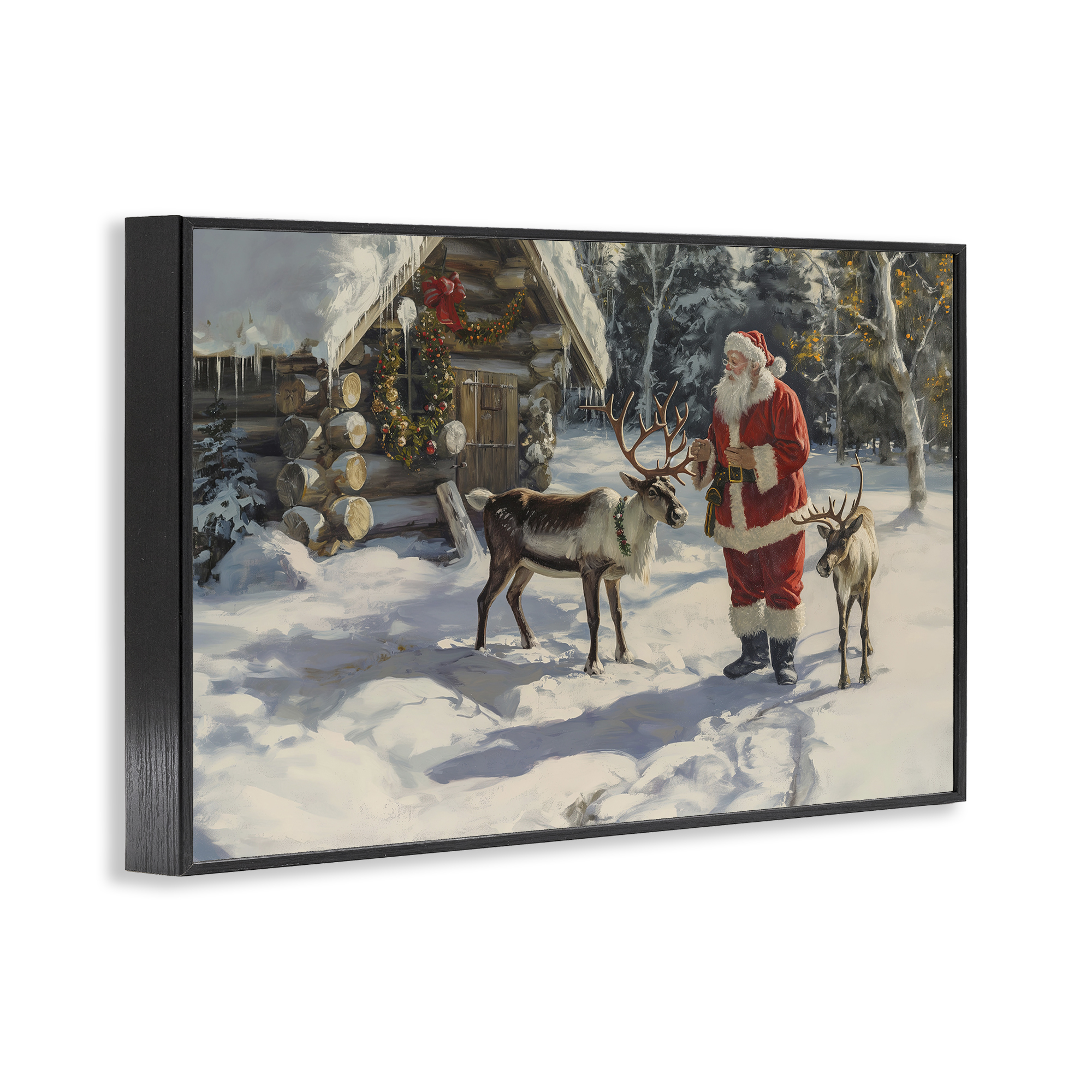 Stupell Industries Santa & Reindeer Scene Holiday Painting Black Framed Art Prints Wall Art, 24 x 16