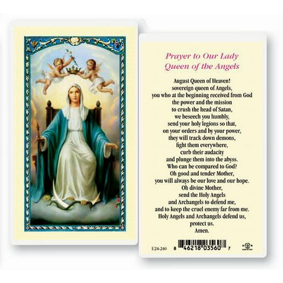 Our Lady Queen of Angels Laminated Catholic Prayer Holy Card with Prayer on Back, Pack of 25