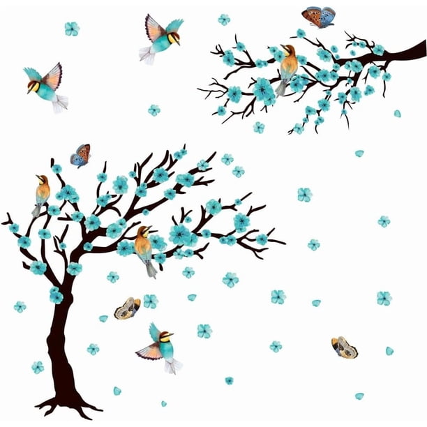Calcomanías de pared de ciruelo azul con pájaros y mariposas, pegatinas de pared de vinilo con animales de acuarela para decoración de pared de bebé, guardería, dormitorio, aula, sala de estar.