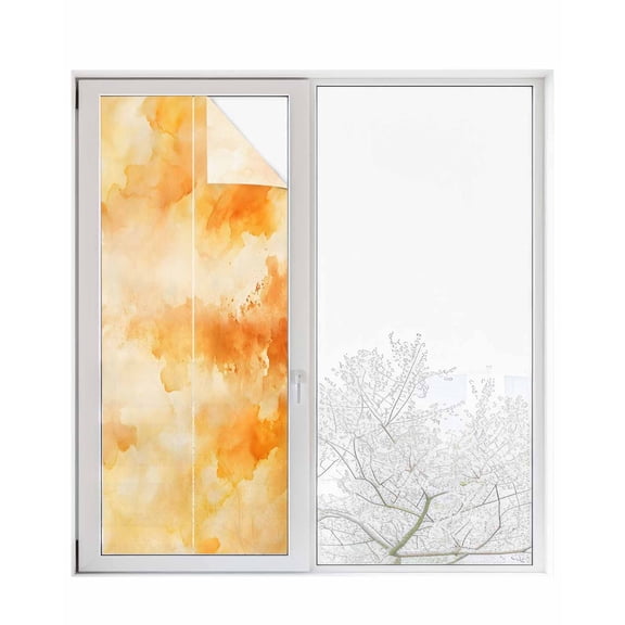 Window Privacy Film Orange Stained Glass Window Film Decorative Sun Block Window Cover Watercolor Farmhouse Ombre Abstract Texture Window Clings Static Adhesive Sticker for Bathroom 23.6"x59"