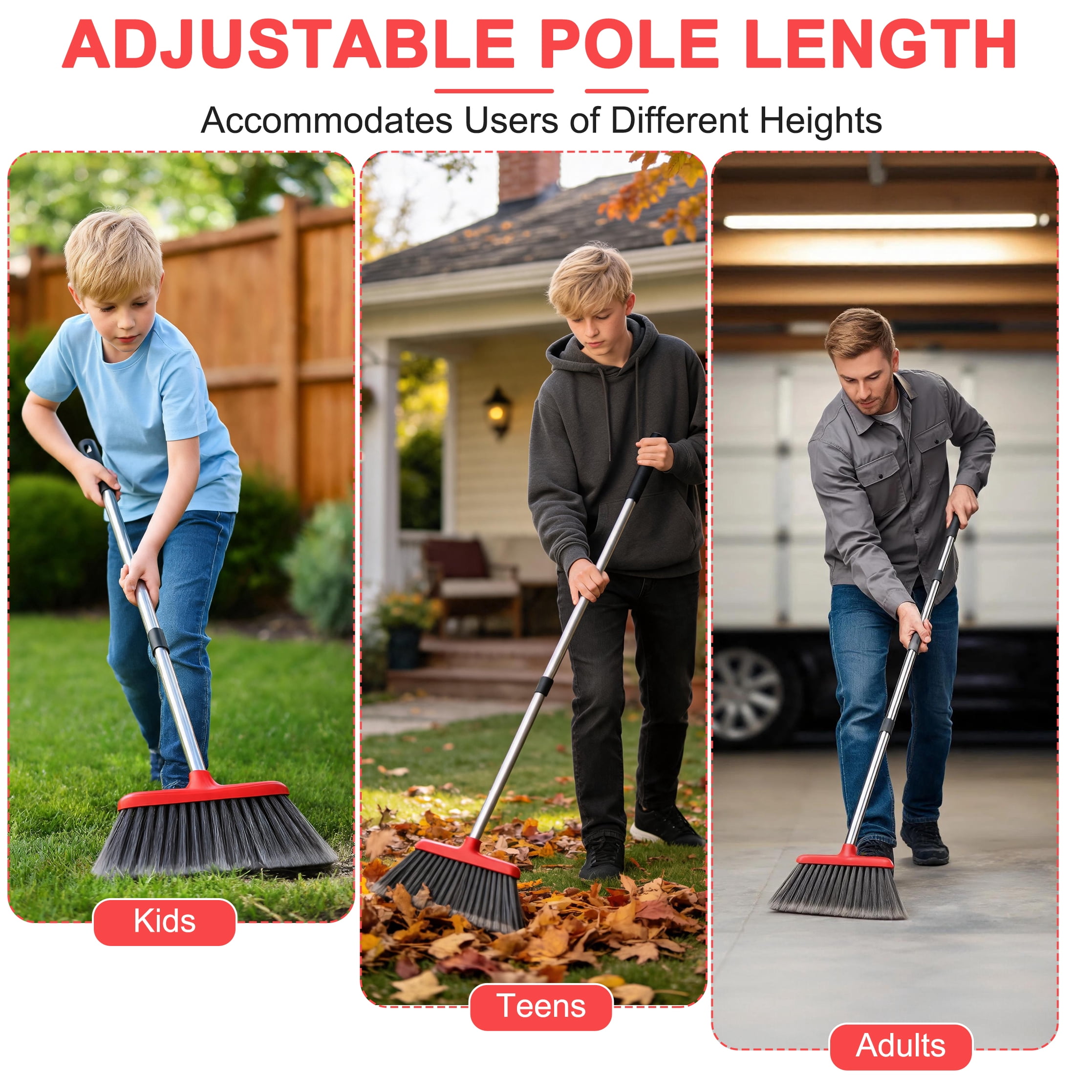 GARITIN Brooms for Floors, Heavy Duty Outdoor Stiff Bristle Angle Broom for Patio, Garage, Deck & Garden, Indoor Sweeping Broom with Long Handle