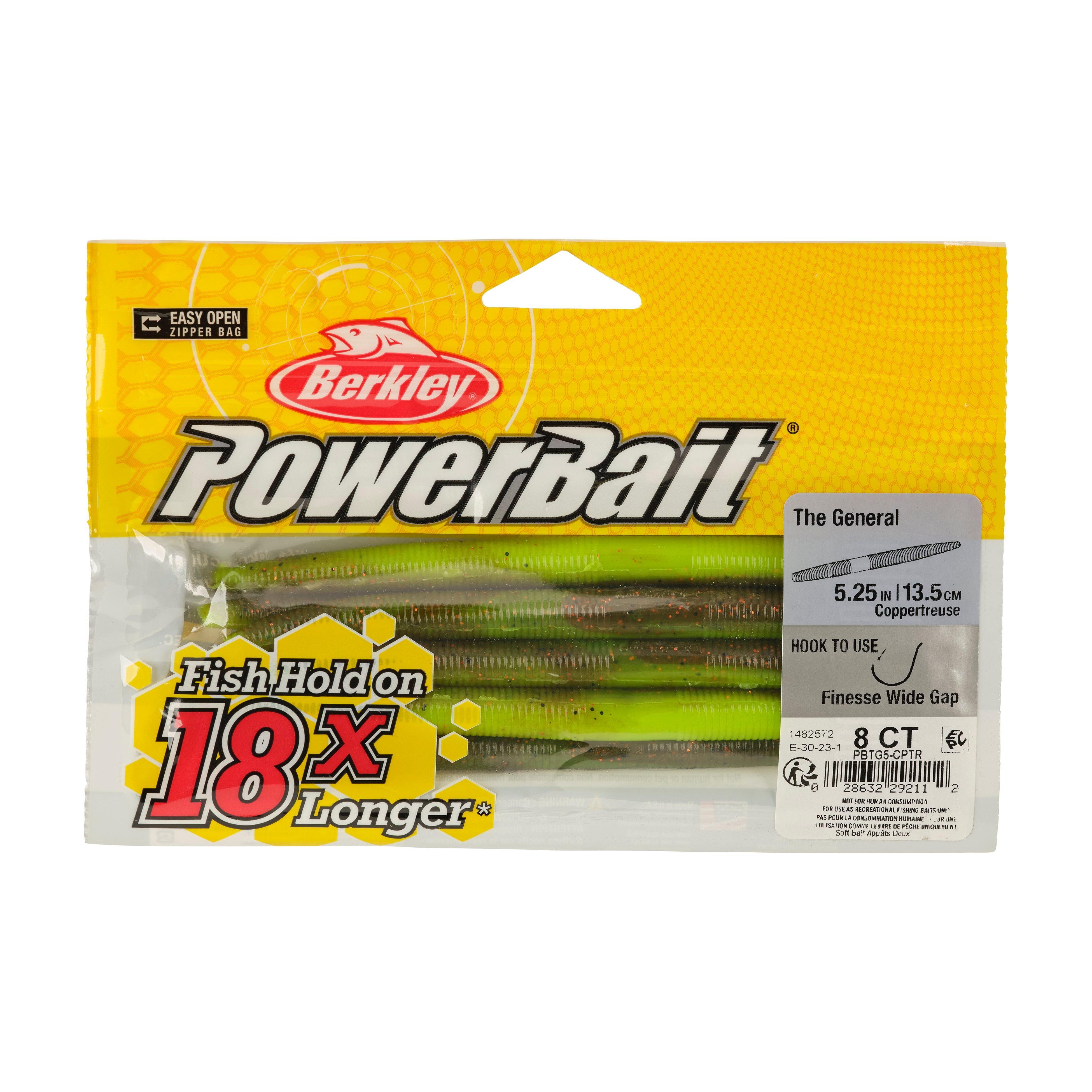 Berkley PowerBait® The General Fishing Bait, Coppertreuse, 5 1/4in | 13cm, Soft Stick Bait with Irresistible Flavor, Eye-Popping Colors, Classic Stick Bait Action, Deadly Bass Bait