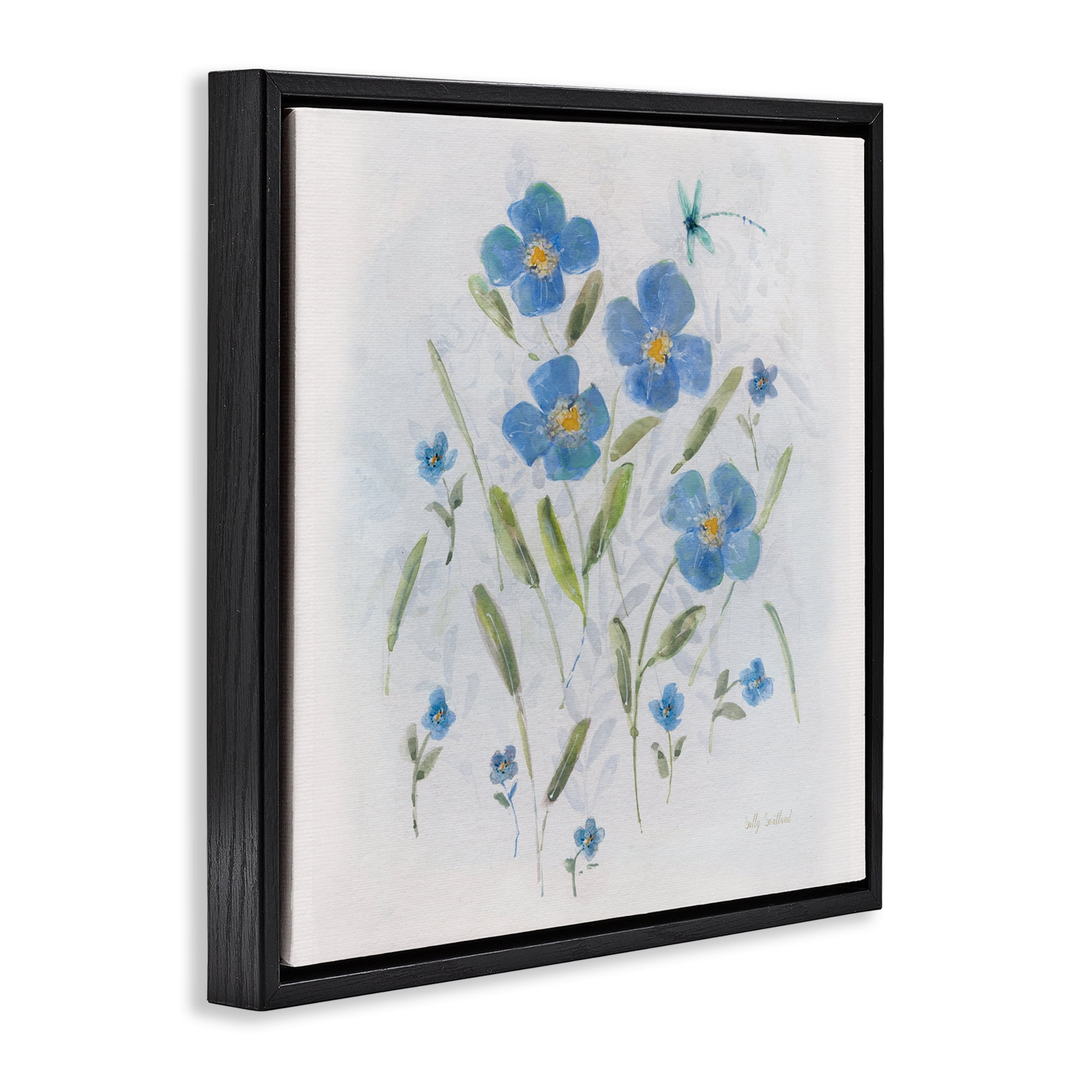 Stupell Industries Dragonfly & Blue Florals Plants & Flowers Painting Black Floater Framed Canvas Art Print Wall Art, 25 x 25
