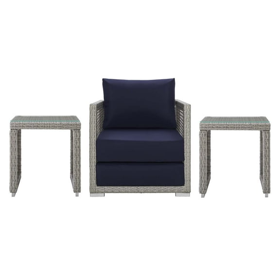 Contemporary Modern Urban Designer Outdoor Patio Balcony Garden Furniture Lounge Sofa, Chair and Coffee Table Set, Rattan Wicker Fabric, Grey Gray Navy Blue