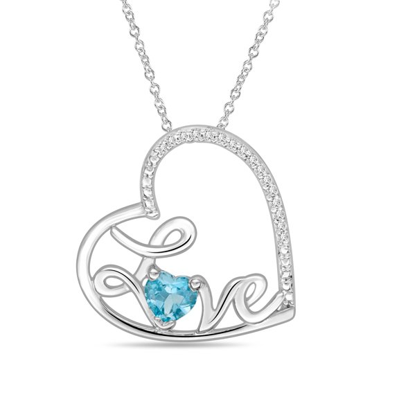 Heart-Shape Blue Topaz and Moissanite Love Pendant Necklace for Women D Color VVS1 Simulated Diamond 18k White Gold Plated Sterling Silver