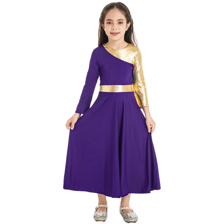 inhzoy Kids Girls Metallic Full Length Liturgical Praise Lyrical Dance Dress Purple 10 Walmart
