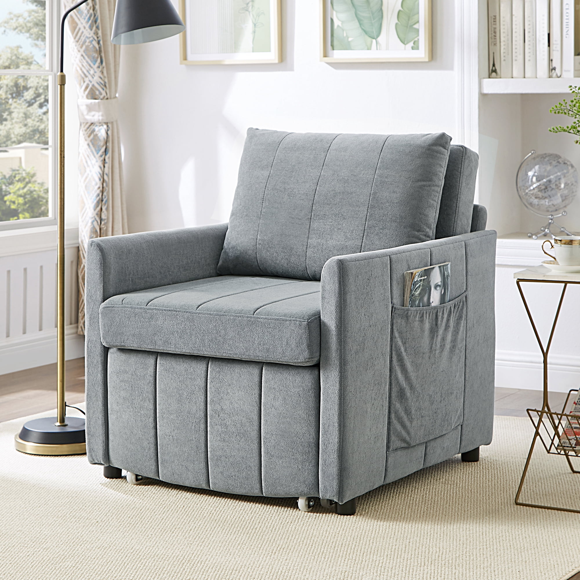 Euroco Multi-Functional Convertible Sofa Bed Chair with 5 Reclining Positions, Hidden Storage, Chenille Upholstery, and Side Pockets – Space-Saving Sleeper for Small Spaces